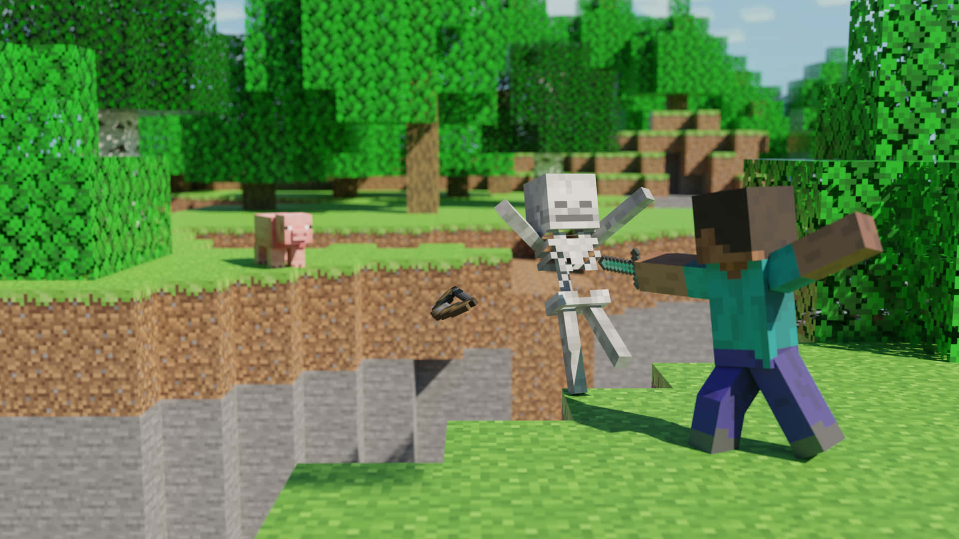Minecraft 玩家在森林中與骷髏戰鬥，附近有一隻豬。