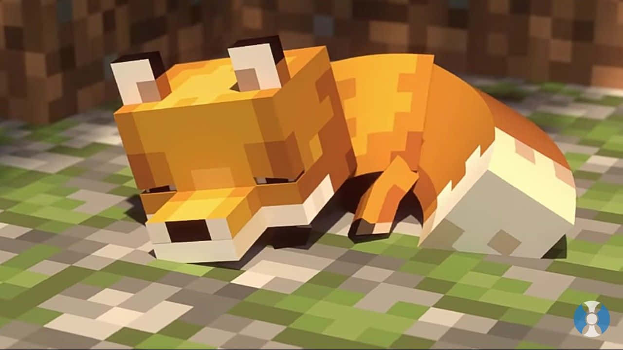 一隻像素狐狸喺Minecraft風格世界嘅草地同石上瞓覺。