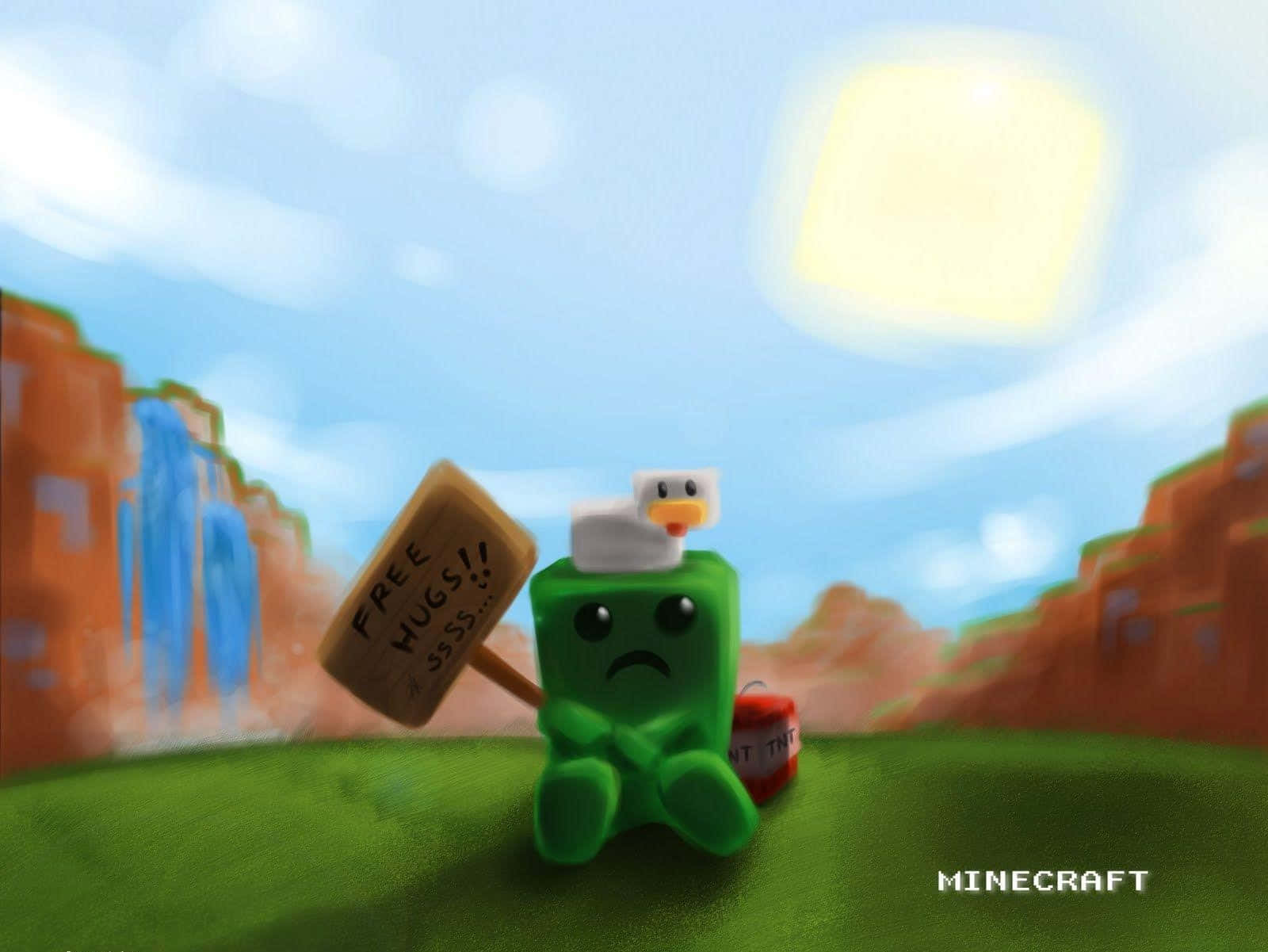 綠色Minecraft爬行者喺峽谷中頭頂鴨仔提供免費擁抱。