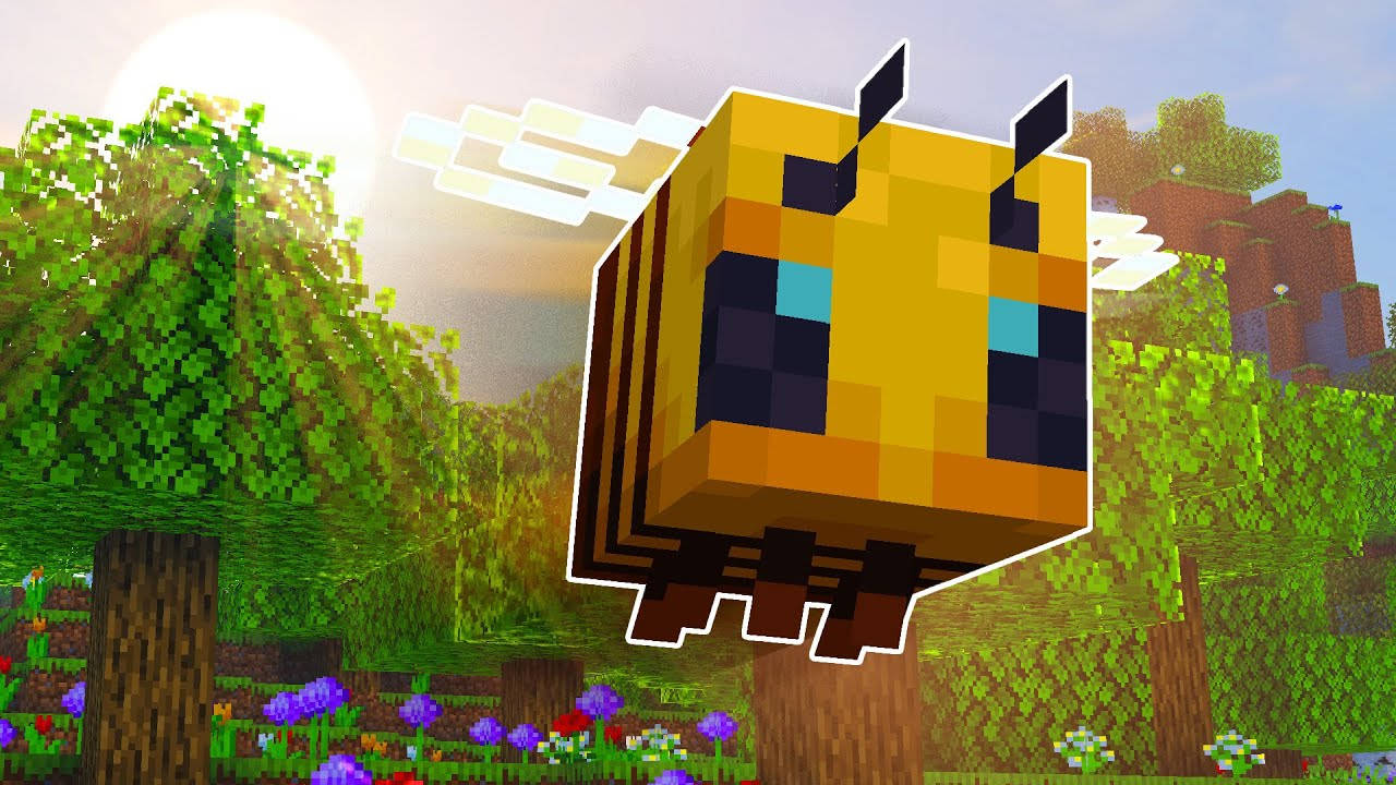 可愛的我的世界蜜蜂 壁紙 — 一隻像素蜜蜂在陽光明媚的Minecraft森林中飛翔，森林裡有方塊狀的樹木和色彩繽紛的花朵。
