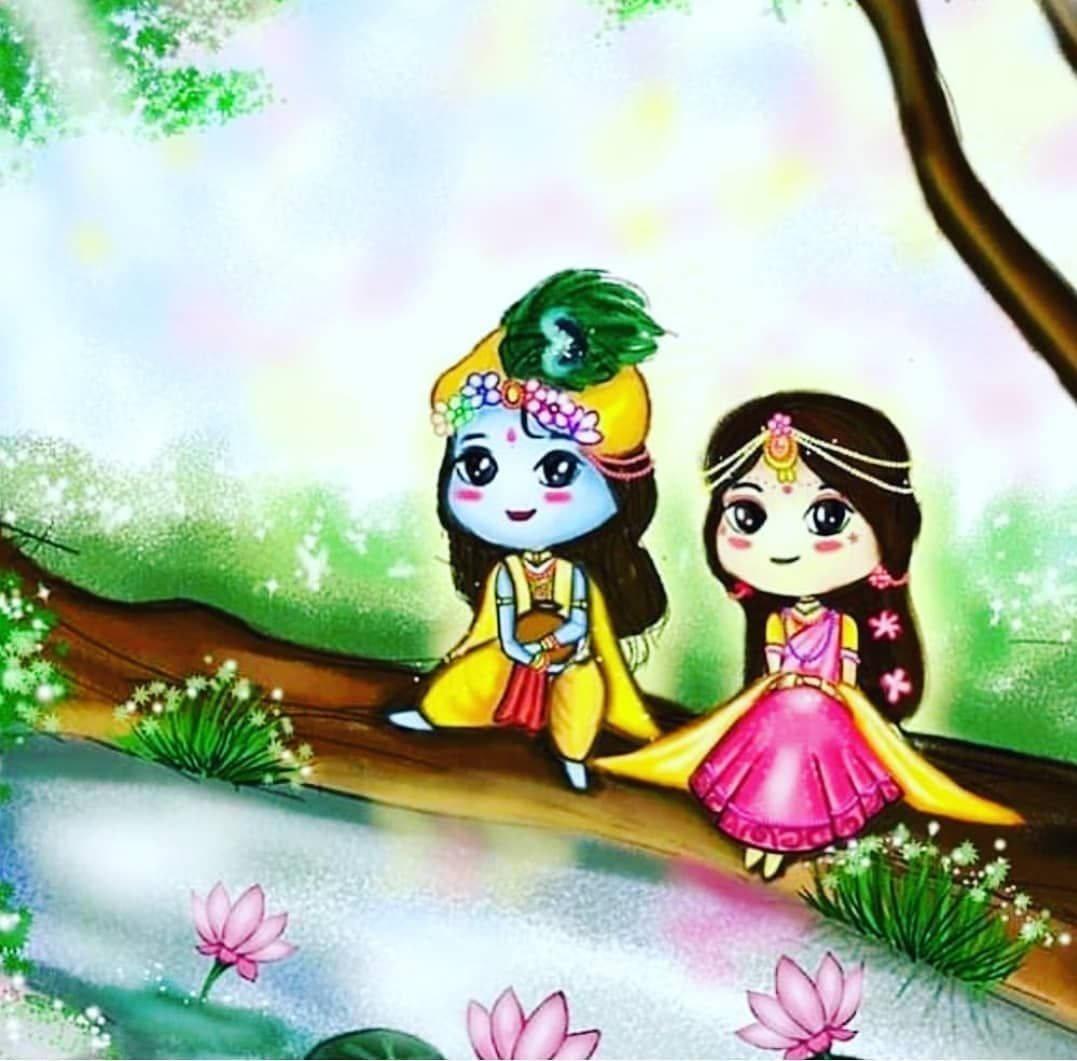 可愛的拉達-克里希那樹木藝術 壁紙 — 兩個Q版風格的印度教神靈一起坐在樹枝上，下方是帶有粉紅色蓮花的池塘，上方是柔和粉彩的天空。