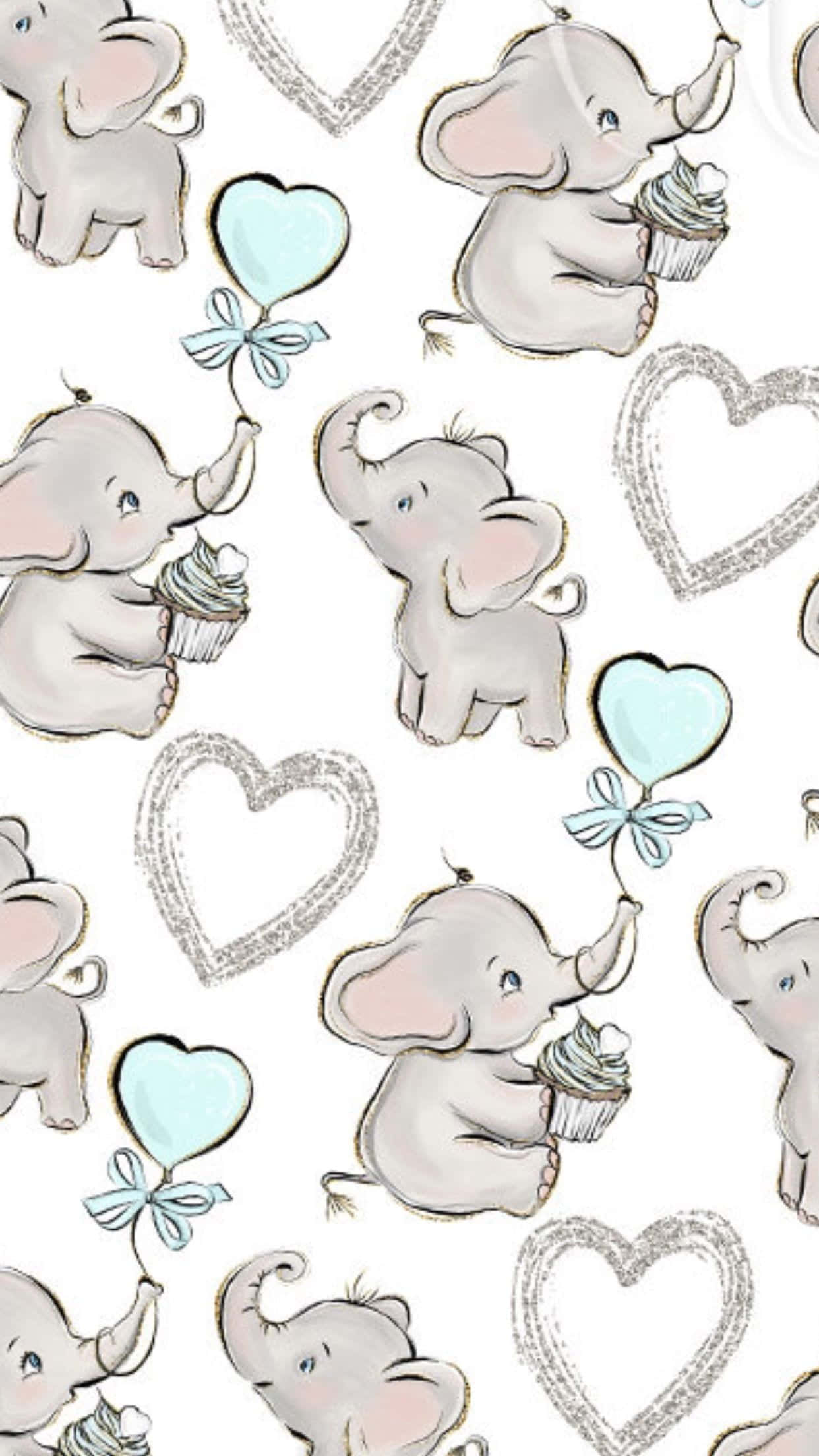 Kawaii Elephant 桌布 壁紙 — 可愛的插圖小象拿著杯子蛋糕和淺藍色心形氣球，周圍是草繪的心形，背景為白色。