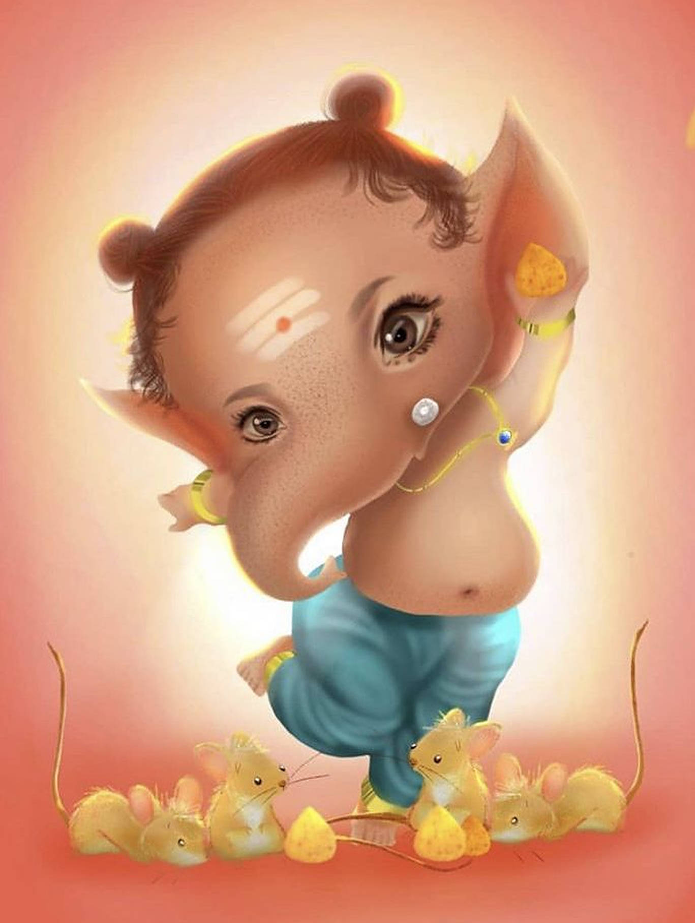 Baby Ganesh 桌布 壁紙 — 可愛的插圖小象神Ganesha與老鼠同伴，採用溫暖的粉紅色調。