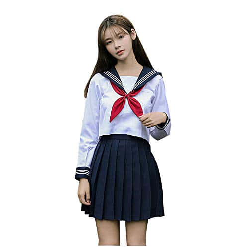 年輕女性穿著傳統日本學校水手服，配紅色蝴蝶結和百褶裙。