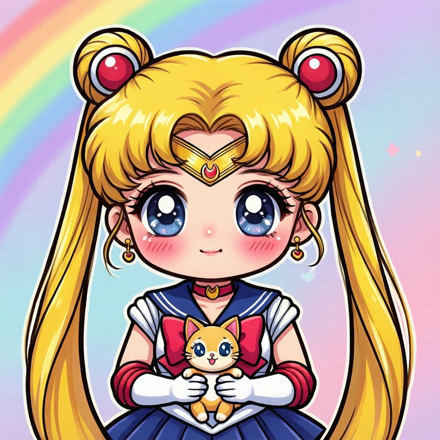 動漫角色美少女戰士在彩虹背景前抱著她的貓露娜。