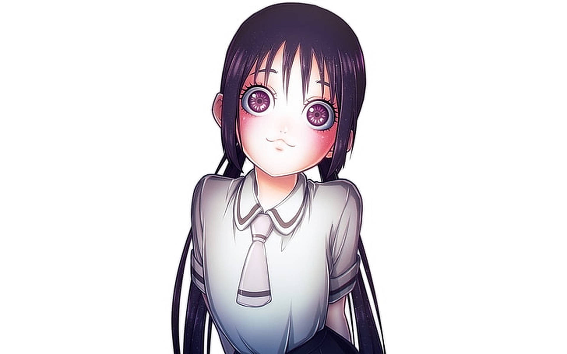 擁有紫色眼睛和深色頭髮的動漫女孩，穿著白色校服。