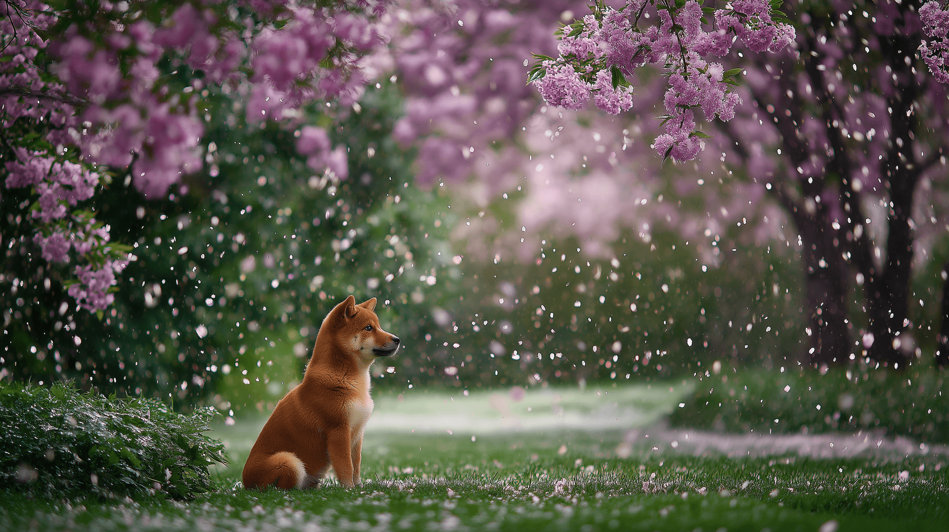 一隻紅色柴犬坐在綠色草地上飄落的粉紅櫻花下。 — 狗 壁紙