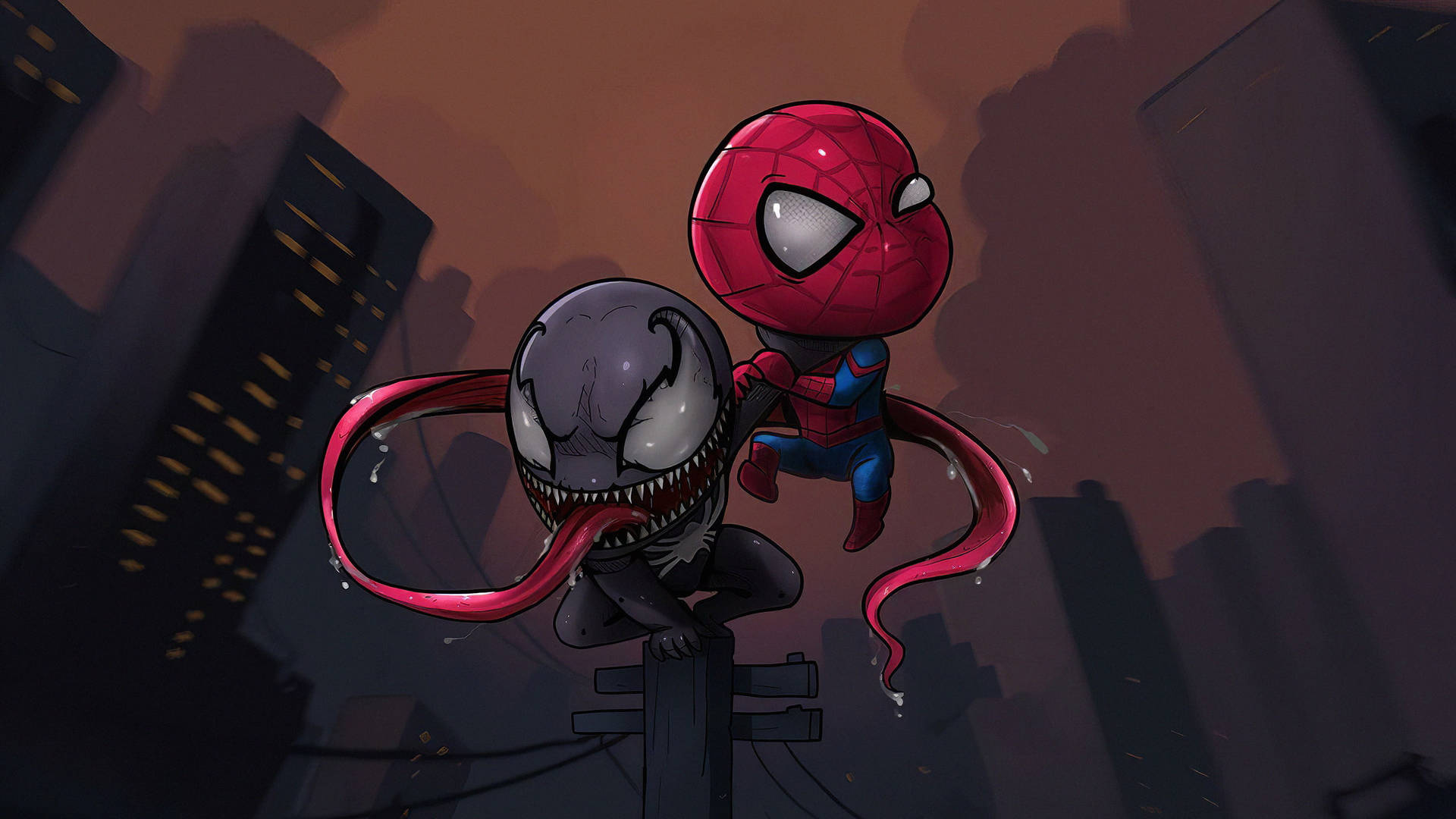 Chibi Spider-Man 和 Venom 在黃昏的城市柱子上戰鬥。