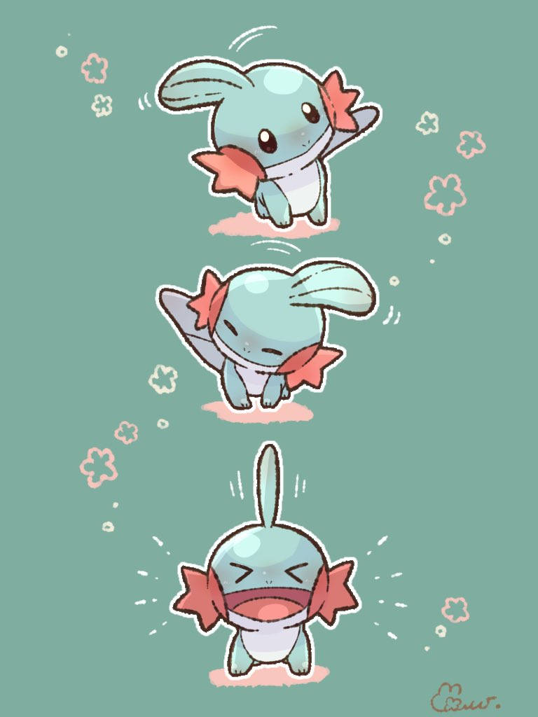 三隻chibi青蛙Pokémon喺青綠色背景上帶住開心表情跳躍。