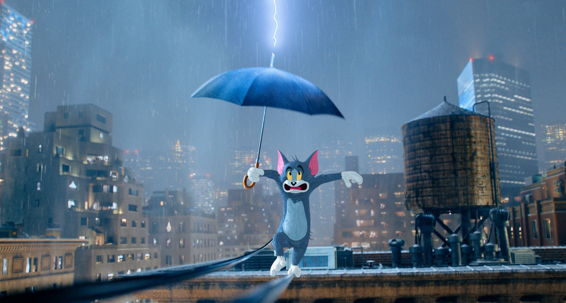 貓湯姆在雨夜的城市屋頂上拿著雨傘跳舞。