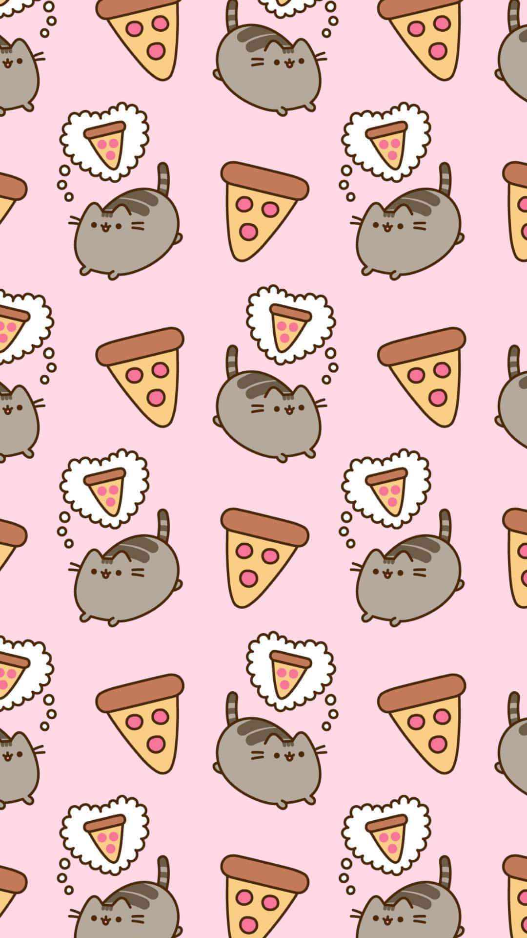 Pusheen 桌布 壁紙 — 可愛的灰色貓咪角色在柔和的粉紅色背景前夢想著芝士薄餅片。