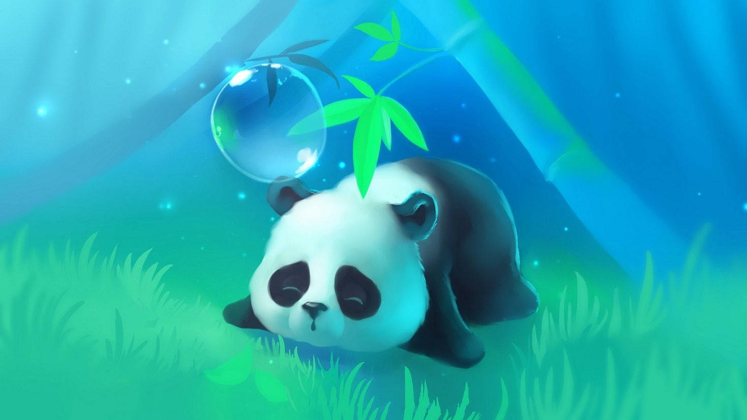可愛的熊貓在草地上睡覺 壁紙 — 一隻可愛的熊貓在藍天下發光的綠草中平靜地休息，周圍有漂浮的竹子和一個泡泡。