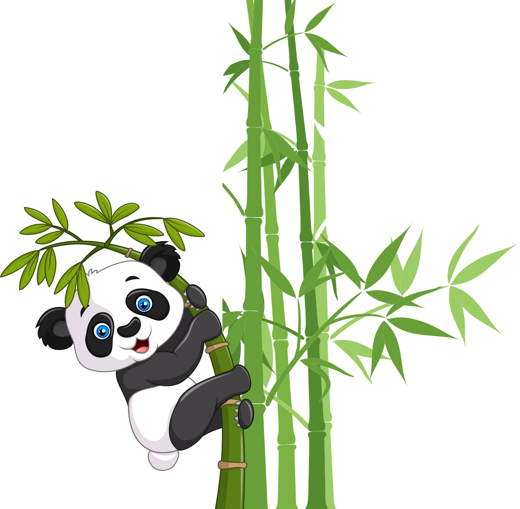 可愛的熊貓攀爬竹子 壁紙 — 一隻藍眼睛的快樂卡通熊貓緊抓著綠色竹莖，背景為黑色。