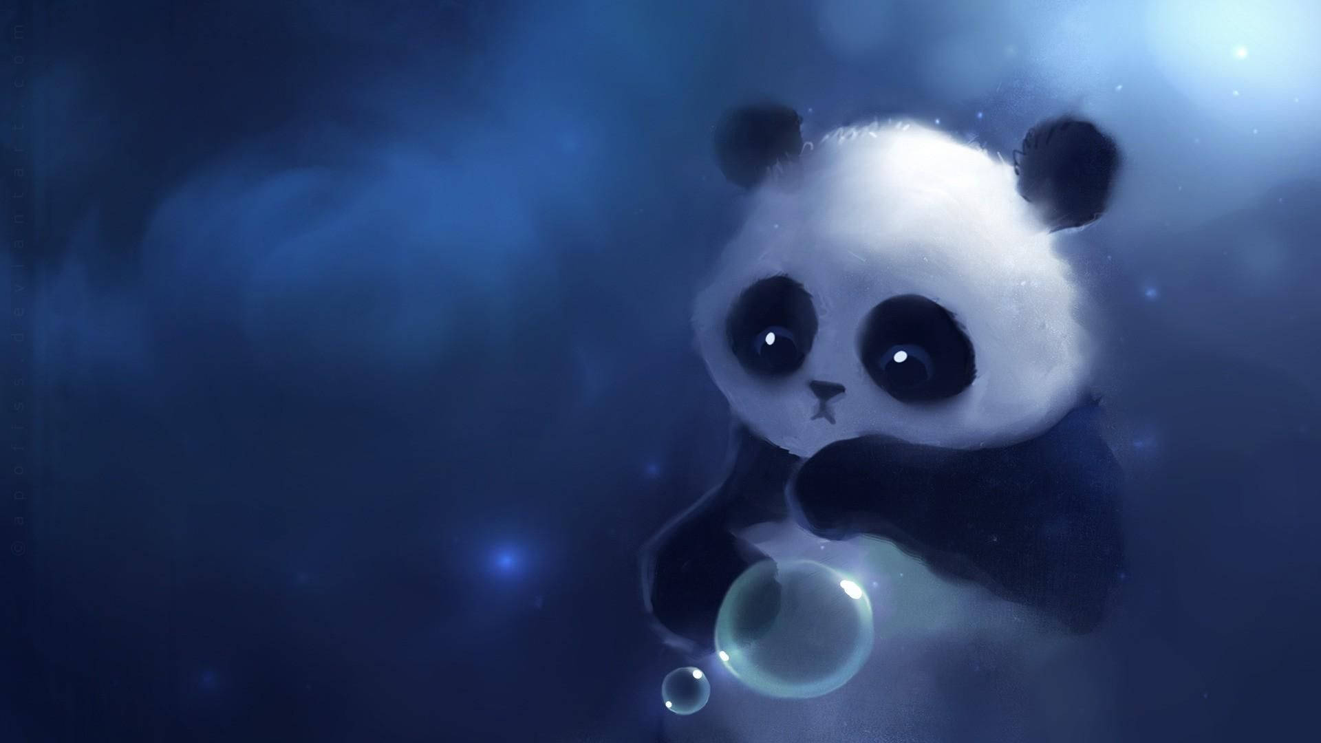 可愛的熊貓表情孤單 壁紙 — 一隻可愛的熊貓漂浮在夢幻般的藍色星雲中，手持發光的泡泡，周圍環繞著柔和的星光。