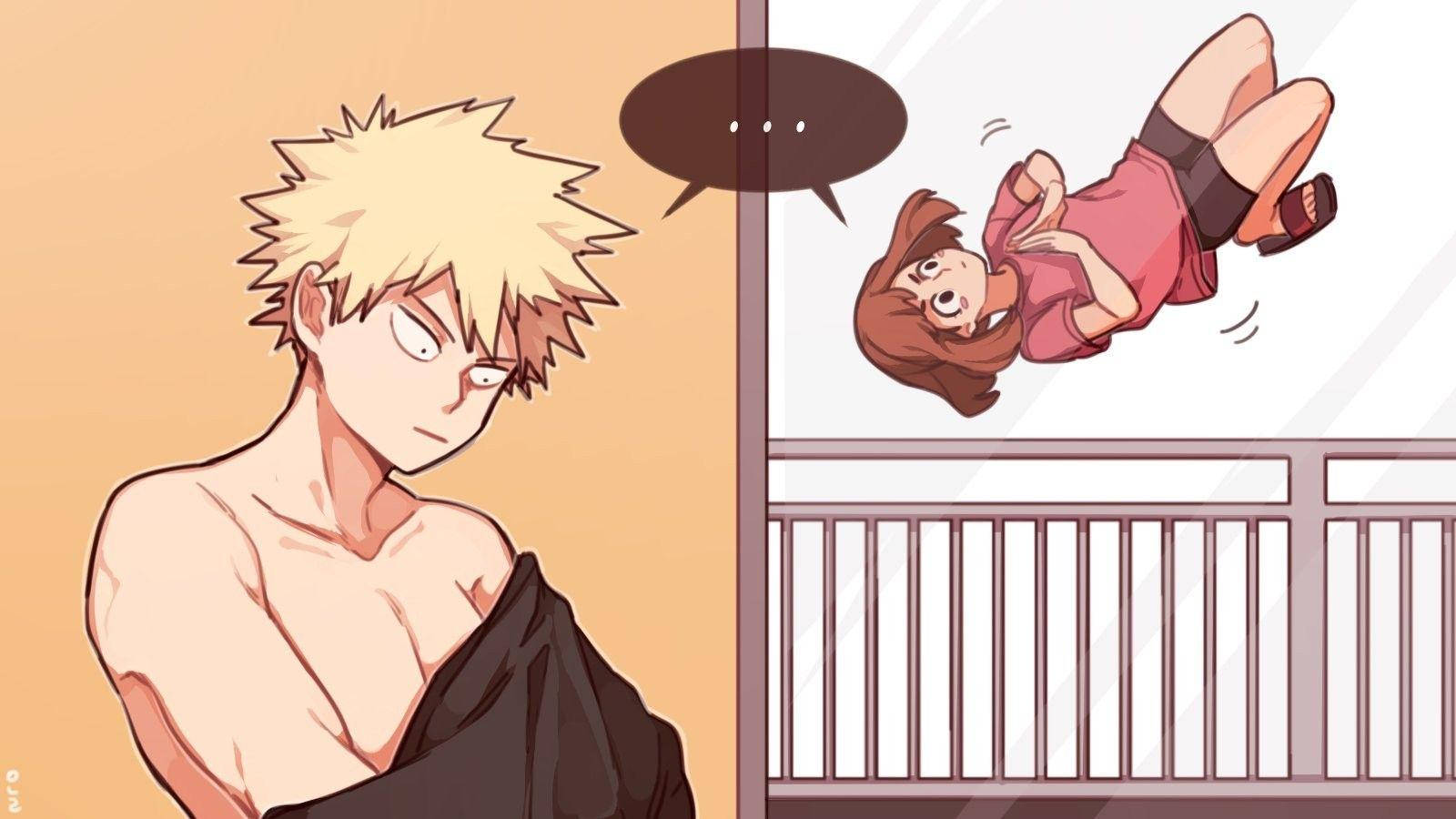 動漫男孩看著穿粉紅色的女孩從窗戶掉下來，帶有省略號對話氣泡。