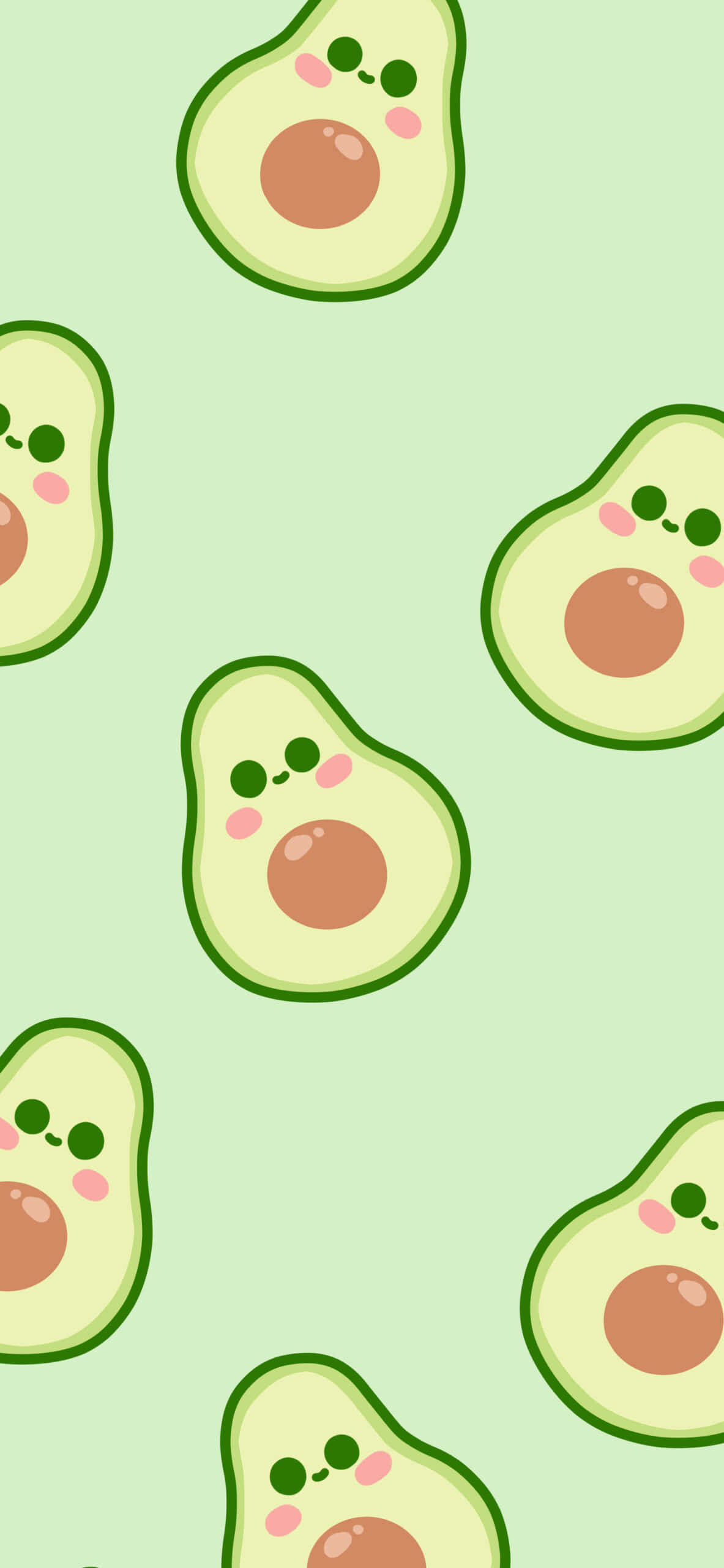 Cute Avocado 桌布 壁紙 — 可愛的牛油果角色，臉頰紅潤，面帶微笑，漂浮在柔和的薄荷綠色背景上。