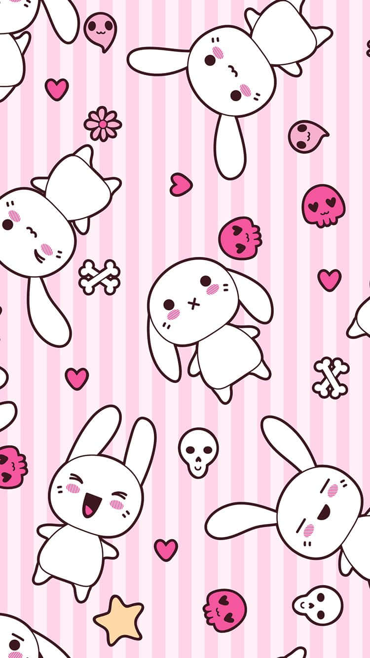 Kawaii Bunny 桌布 壁紙 — 可愛的白色卡通兔仔帶有粉紅色腮紅，漂浮在粉紅色垂直條紋牆紙上的心形、骷髏頭和骨頭之間。