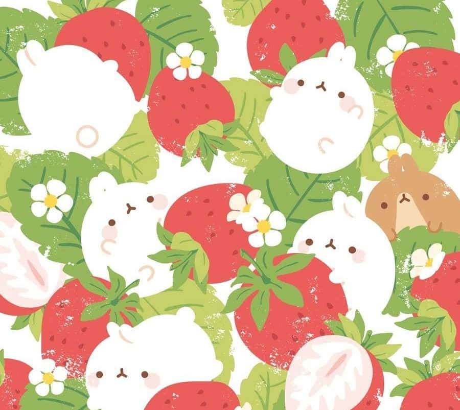Cute Strawberry 桌布 壁紙 — 可愛的白色和棕色兔仔臉從鮮紅草莓和綠葉中探出頭來。