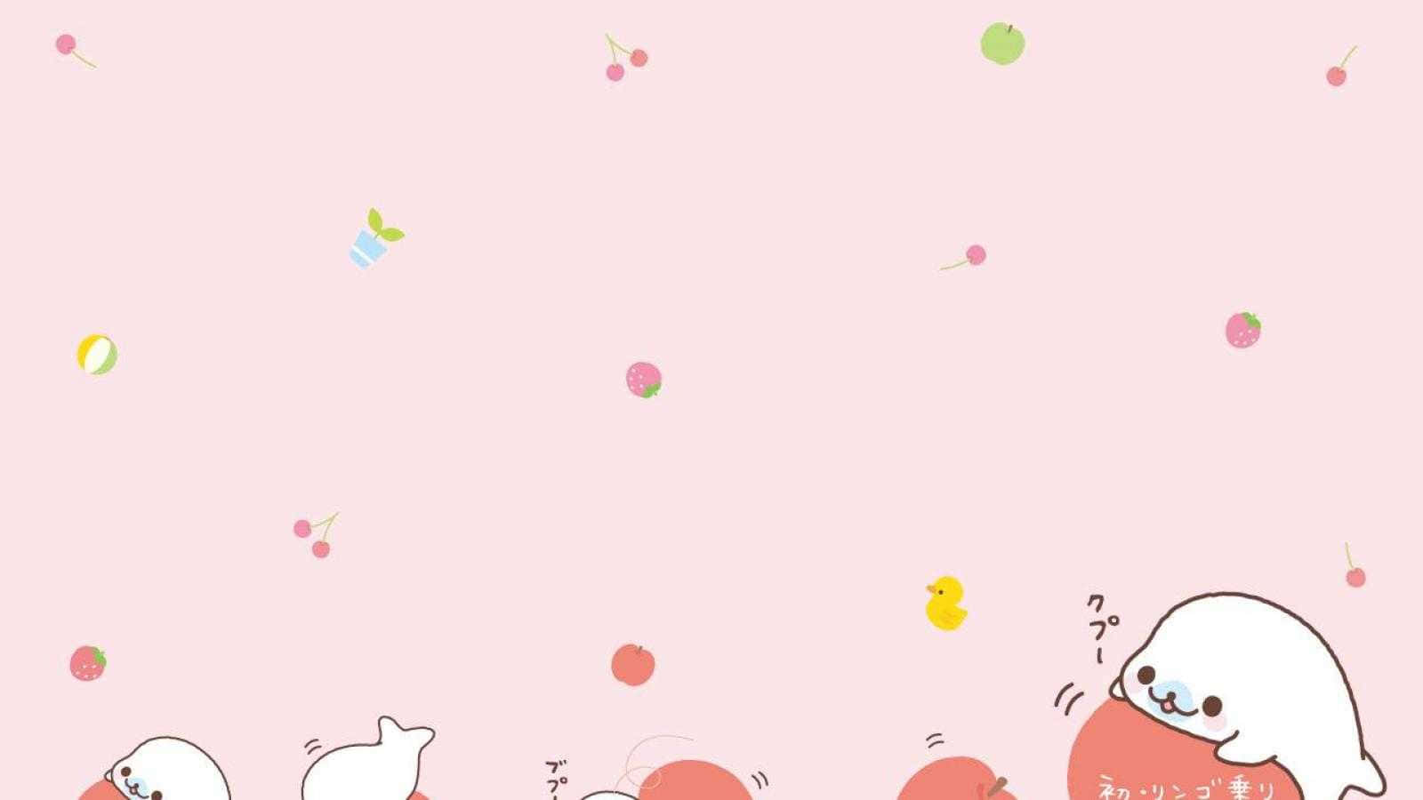 可愛的海豹在粉紅色背景上與生果和玩具一起漂浮。 — 可愛粉紅gif 壁紙