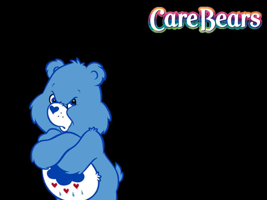 藍色 Care Bear 交叉雙臂面露不悅，黑色背景有標誌
