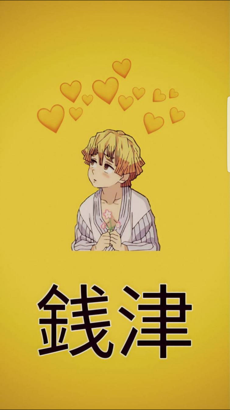 可愛的禪院真希與黃色心形 壁紙 — 動漫角色金髮，手持粉紅色花朵，心形在純黃色背景上漂浮。