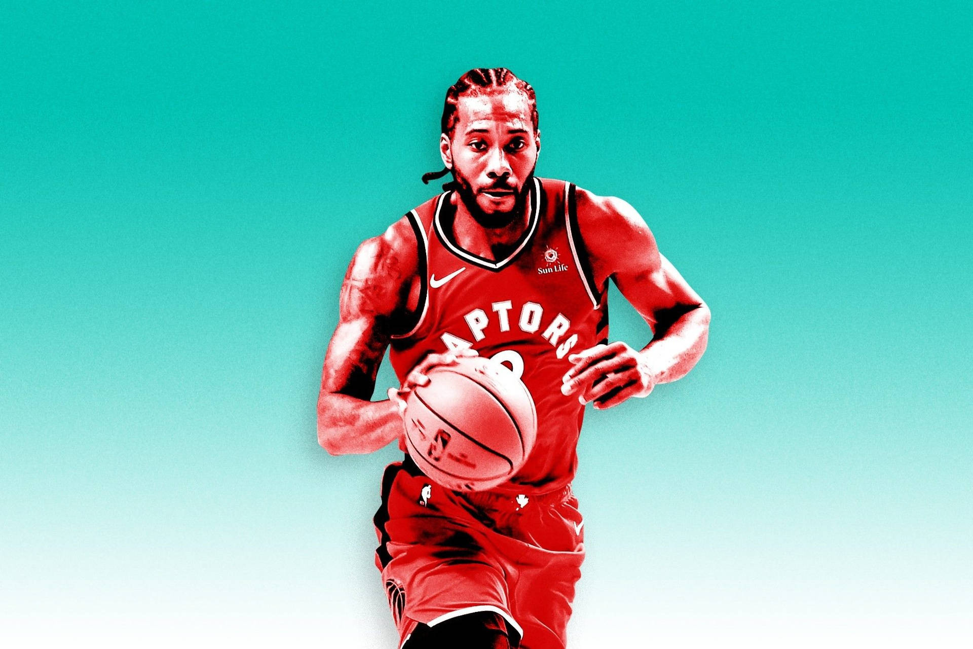 專業籃球運動員身穿紅色Raptors球衣在青綠色背景前運球。