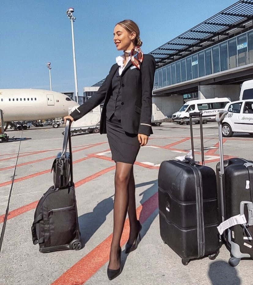 可愛的空服員照片 壁紙 — 一位微笑的空中服務員穿著制服，在機場停機坪上拉著一個滾輪行李箱，背景有飛機和航站樓。