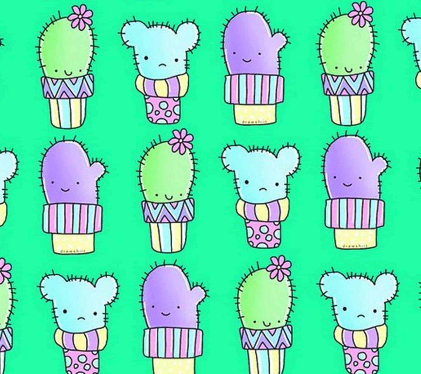 Kawaii Cactus 桌布 壁紙 — 可愛的粉彩仙人掌和熊角色在條紋花盆中重複，背景為亮綠色。