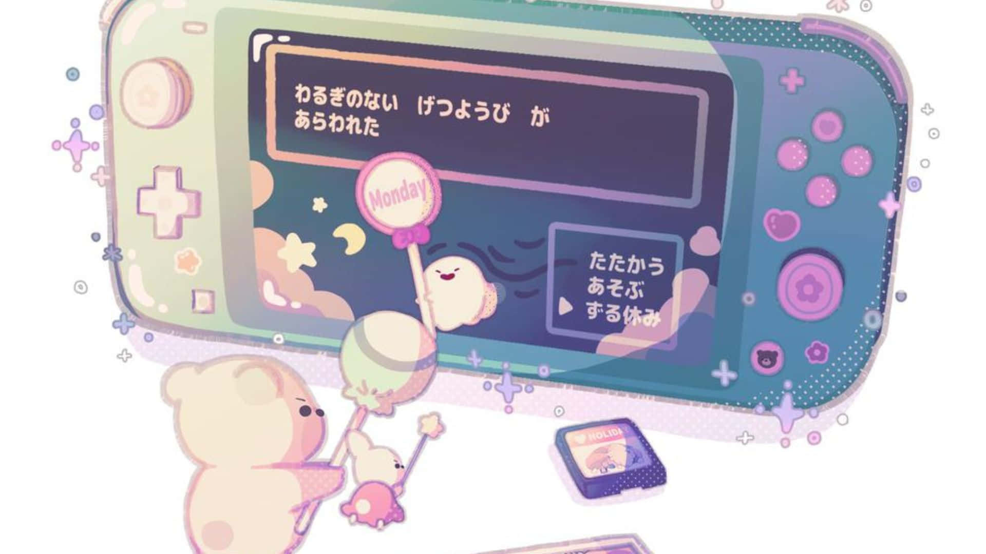 Kawaii Gaming 桌布 壁紙 — 可愛的粉彩動漫角色與發光的手持遊戲機互動，遊戲機上顯示日文字和一個「Monday」氣球。