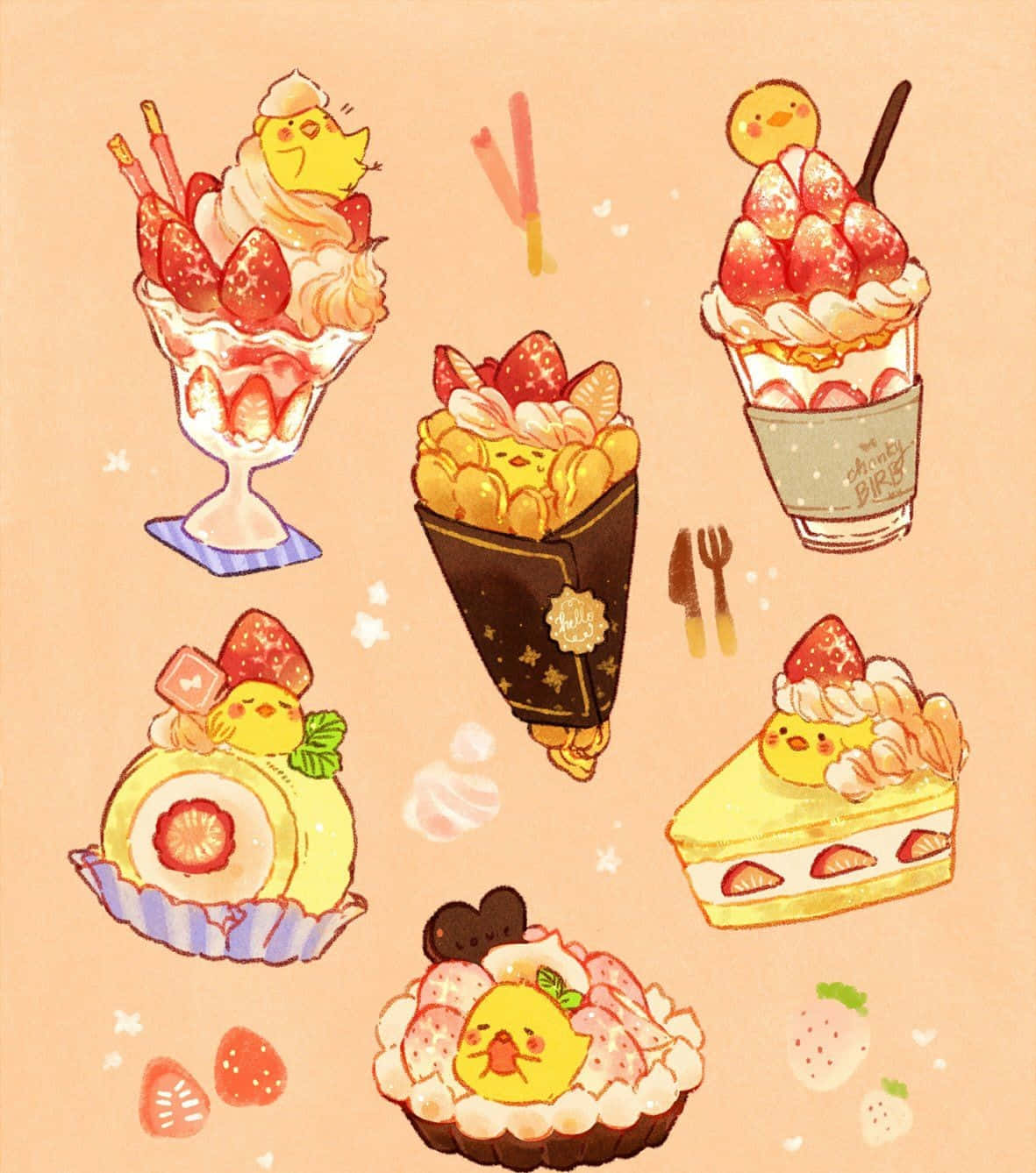 Kawaii Dessert 桌布 壁紙 — 可愛的粉彩甜品，上面有可愛的黃色小雞和草莓，漂浮在柔和的蜜桃色背景上。