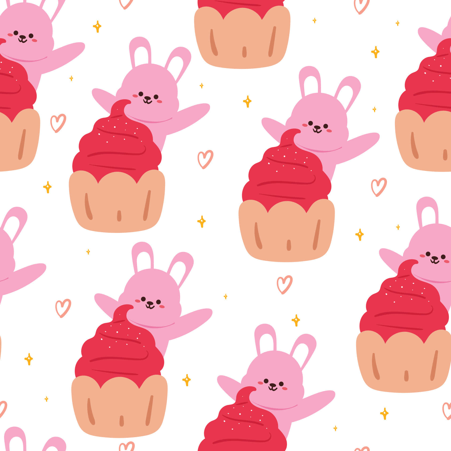 Cute Cupcake 桌布 壁紙 — 可愛的粉紅色小兔子從紅色糖霜紙杯蛋糕後面探出頭來，蛋糕上有心形和星星圖案，背景是潔淨的白色。