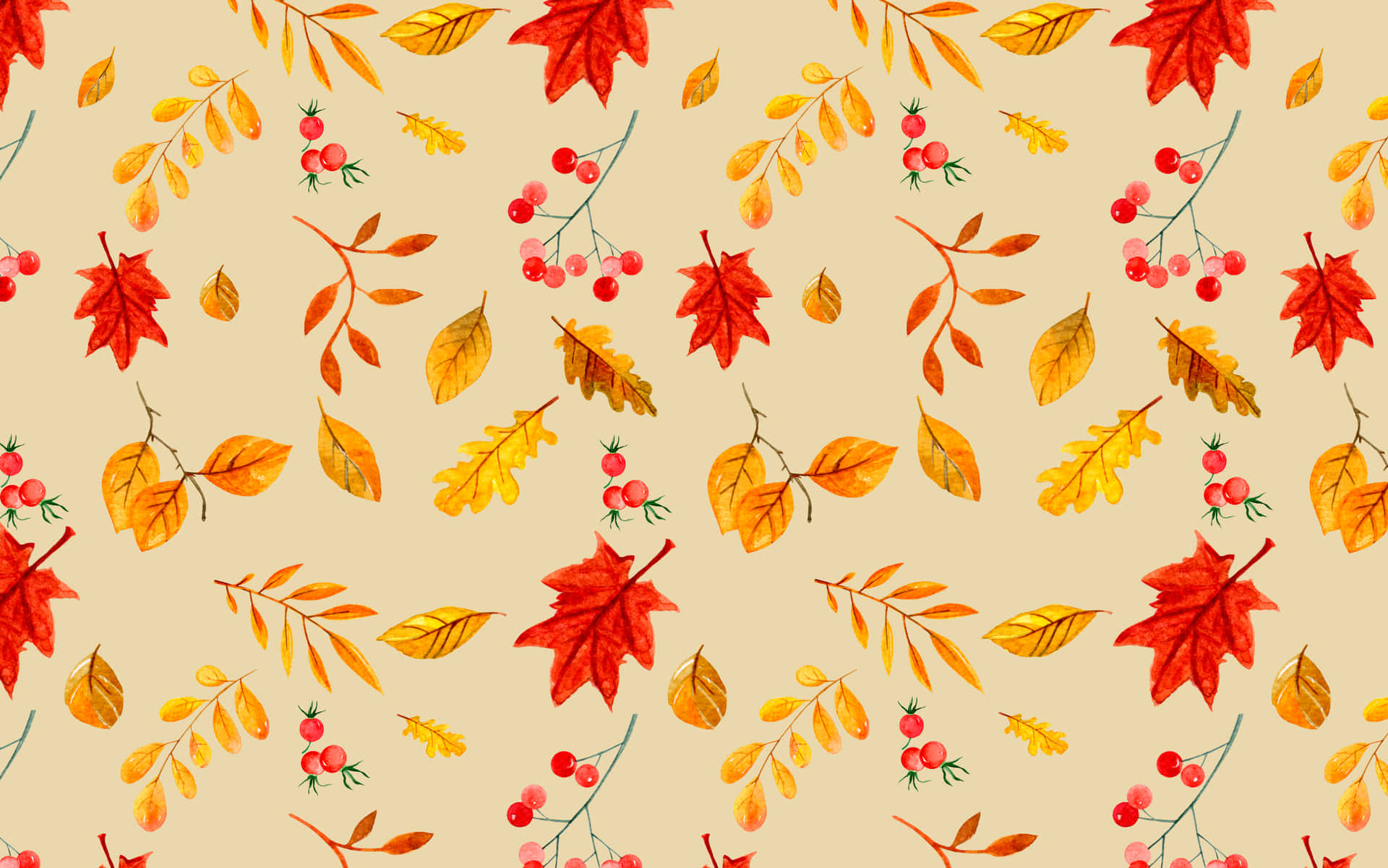米色背景上的紅色葉子和漿果的秋葉圖案。