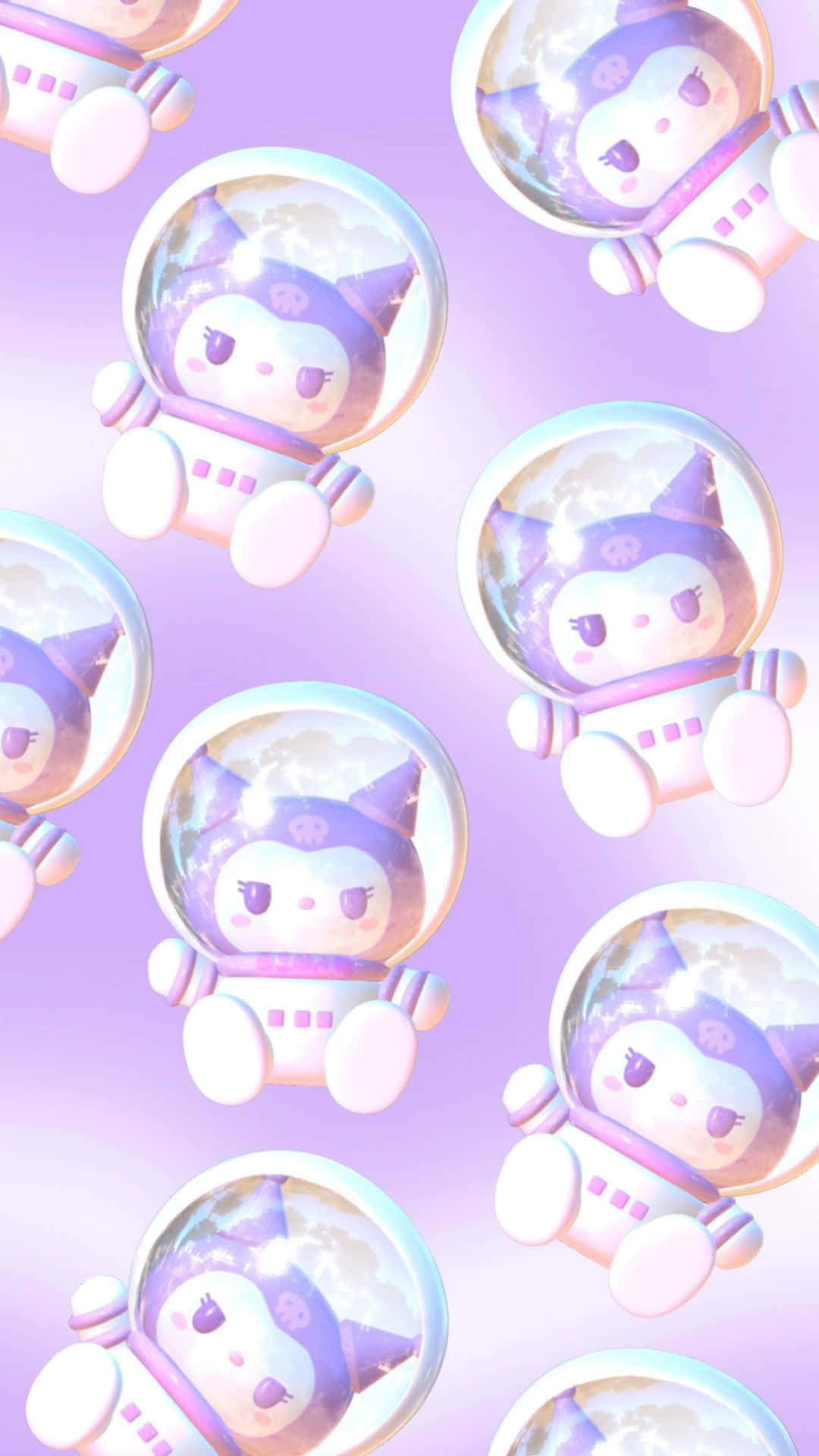 Kuromi Kawaii 桌布 壁紙 — 可愛的紫色貓咪角色戴著泡泡頭盔，在柔和的薰衣草漸變背景上輕輕漂浮。