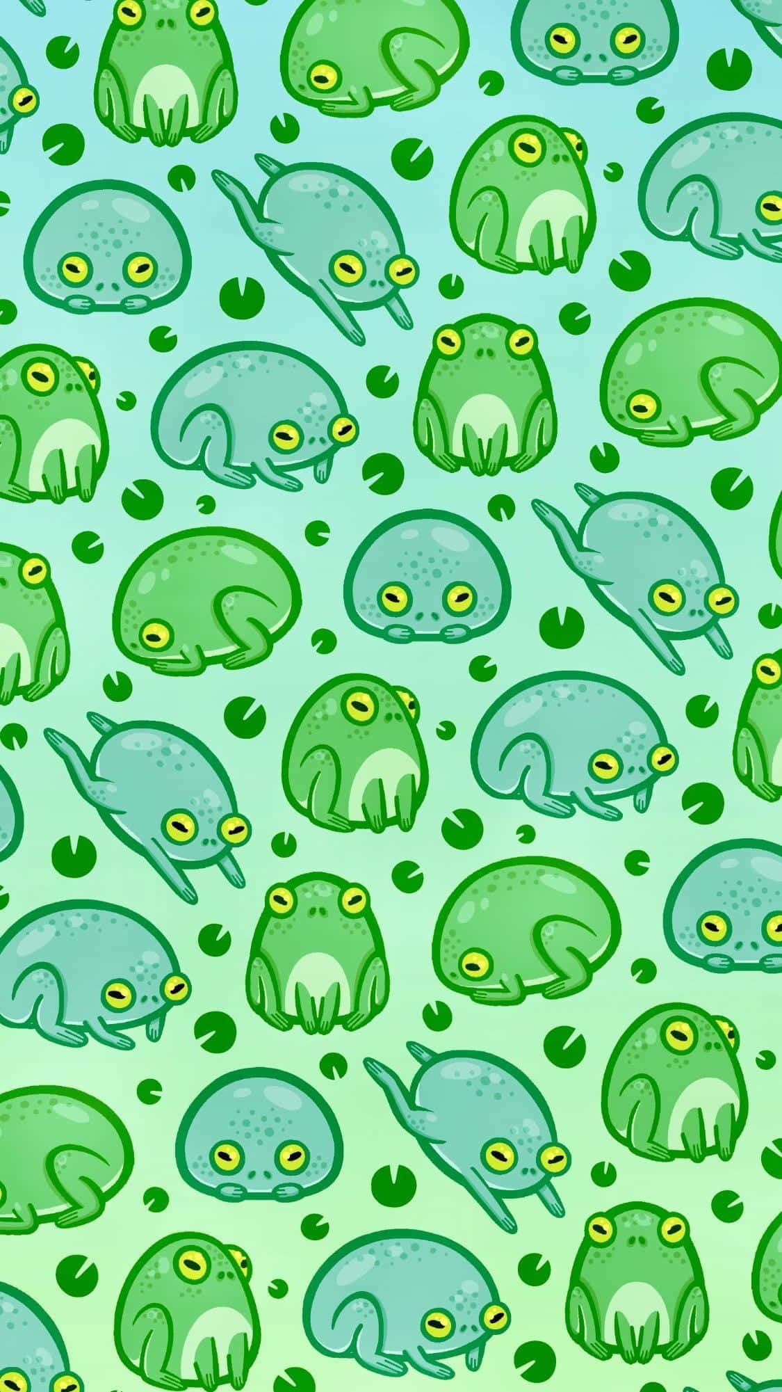 Aesthetic Frog 桌布 壁紙 — 可愛的綠色青蛙和黃眼睛的海獅散落在薄荷漸變背景上。