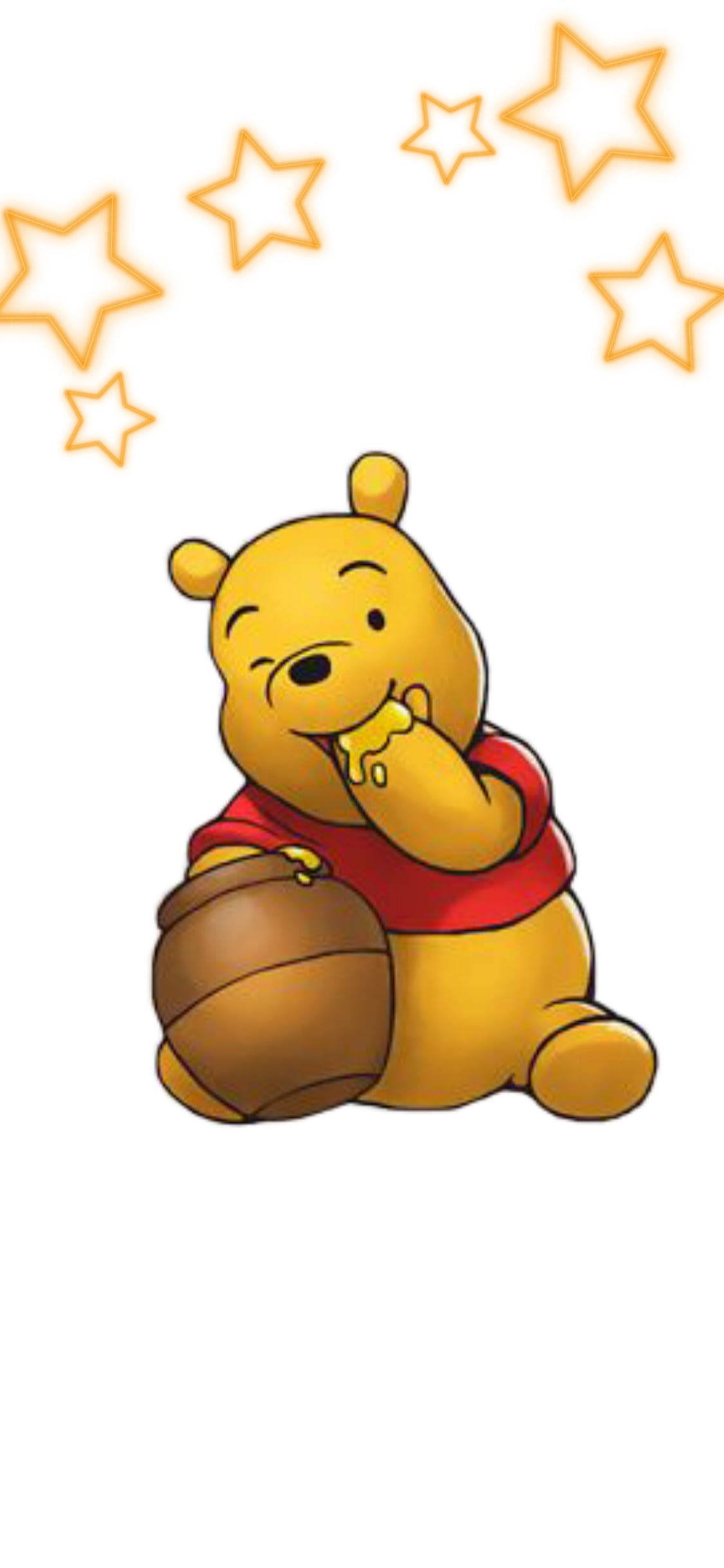 可愛的維尼熊 iPhone 眨眼星星 壁紙 — 小熊維尼開心地從罐子裡吃蜂蜜，發光的星星在他上方飄浮。