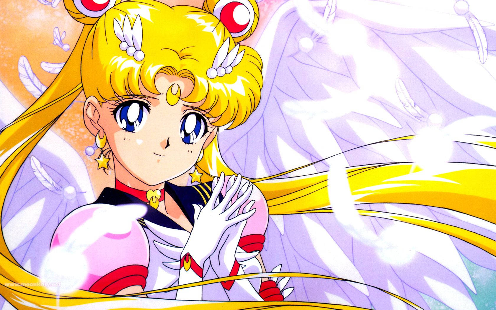 Sailor Moon 金色頭髮和白色翅膀擺出魔法姿勢。 — 美少女戰士 壁紙