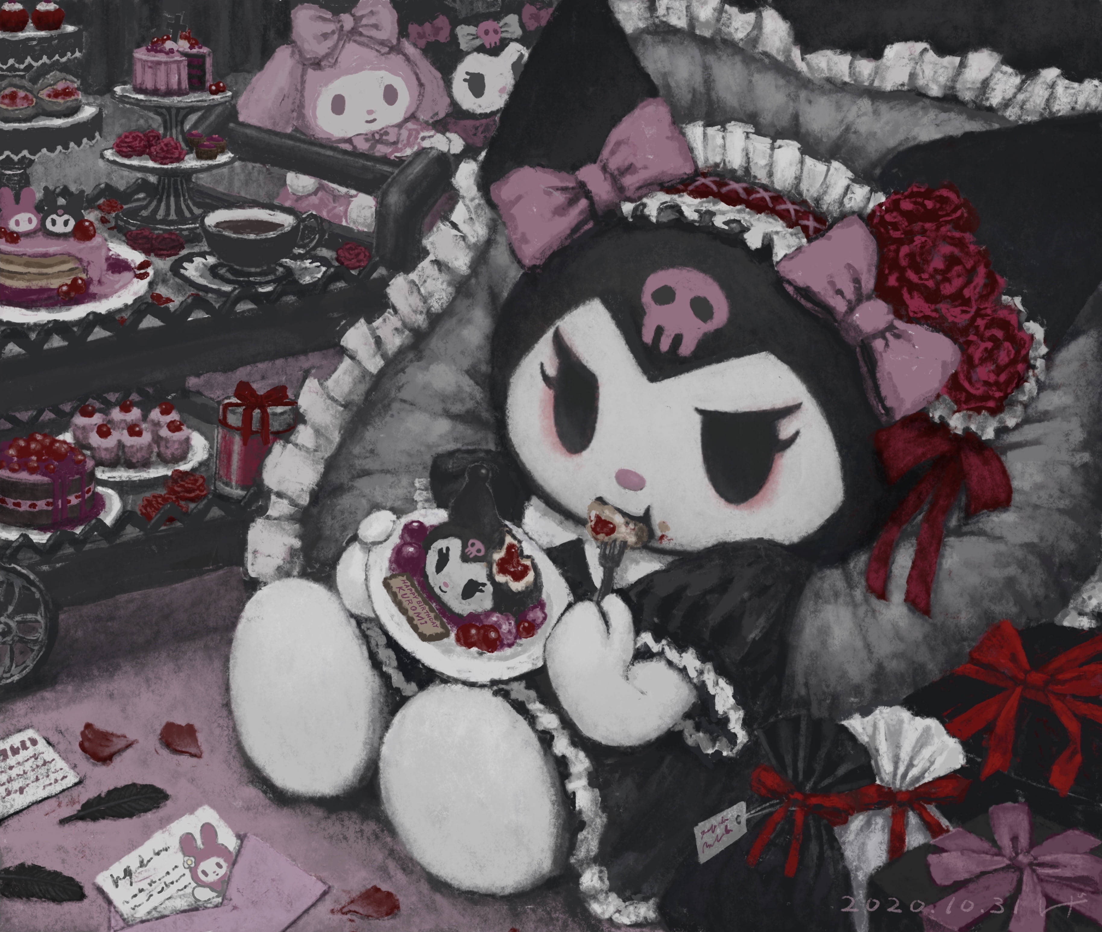 My Melody 與 Kuromi 可愛藝術 壁紙 — 一個哥德式動漫角色穿著黑色和粉紅色，在黑暗奇幻的環境中吃蛋糕，周圍環繞著甜點和玫瑰。