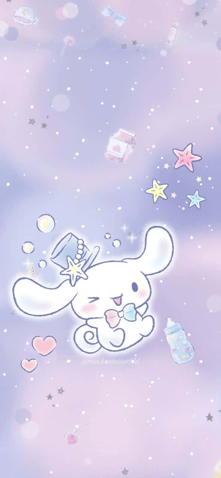 可愛的肉桂捲 壁紙 — 一隻戴著星星帽的可愛白色兔子漂浮在充滿星星、心形和漂浮瓶子的粉紫色天空中。
