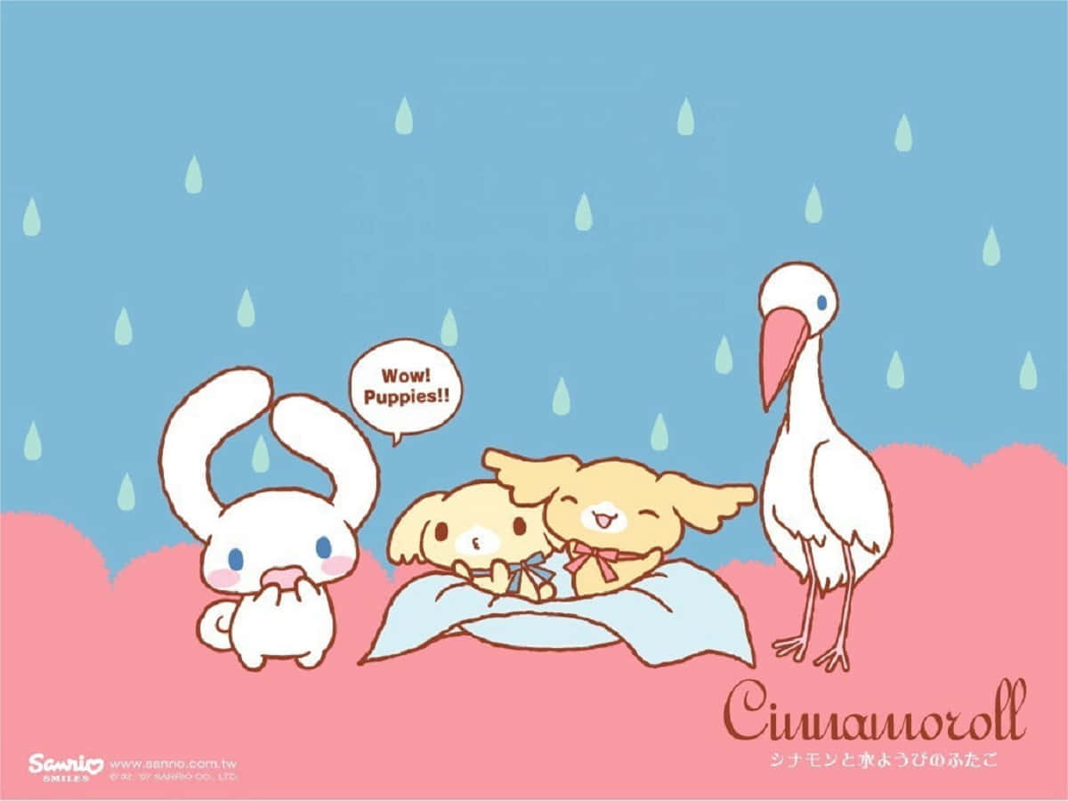 Cinnamoroll 和朋友們在細雨中依偎在毯子下。