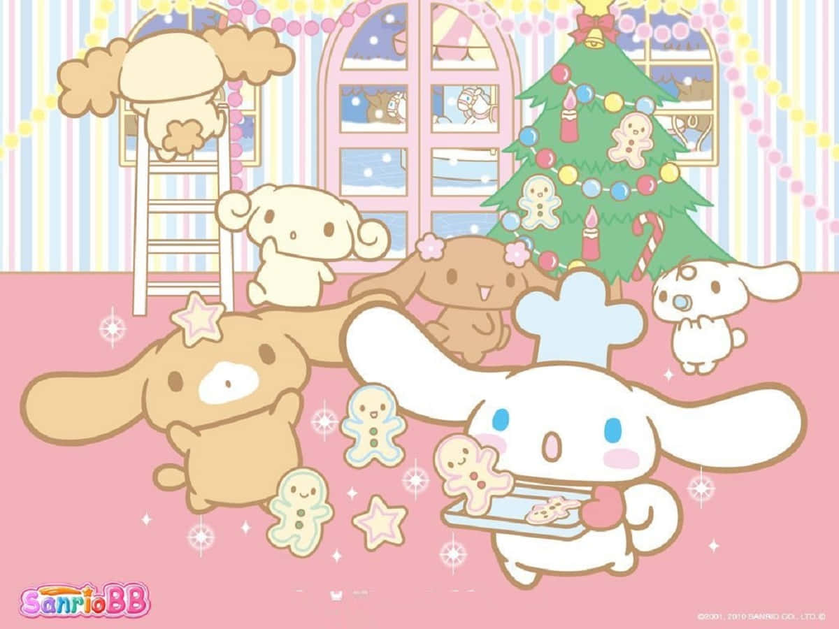 可愛的肉桂捲在柔和雲朵上休憩 壁紙 — Cinnamoroll 和朋友們在一個有條紋牆紙的粉彩粉紅色房間裡用薑餅曲奇裝飾聖誕樹。