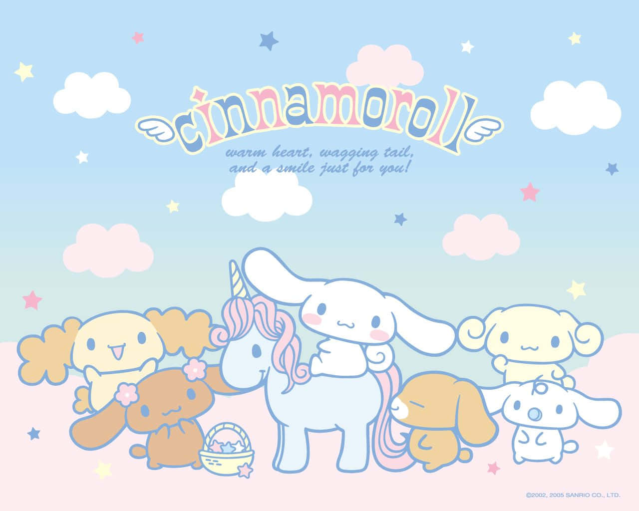 Cinnamoroll 和朋友們在粉彩天空中的雲朵和星星。