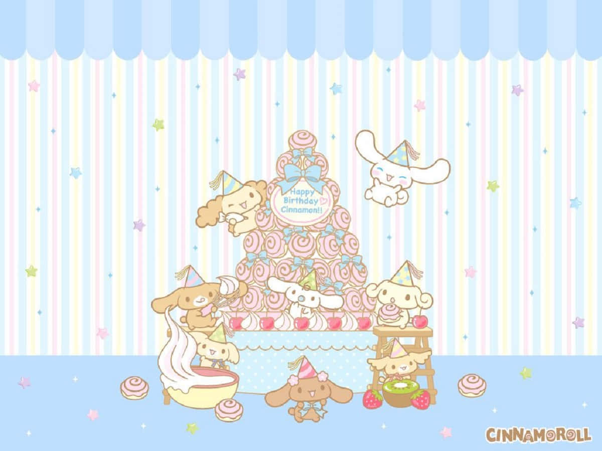 可愛的肉桂捲壁紙 壁紙 — Cinnamoroll 和朋友們在條紋粉彩天空下，圍繞著一個巨大的粉紅色漩渦蛋糕慶祝生日。