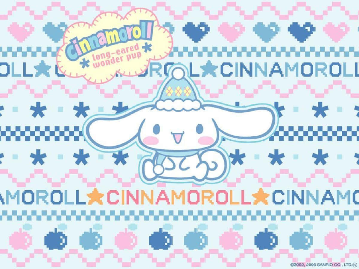 Cinnamoroll 戴著藍色針織帽，背景為像素化粉彩圖案。