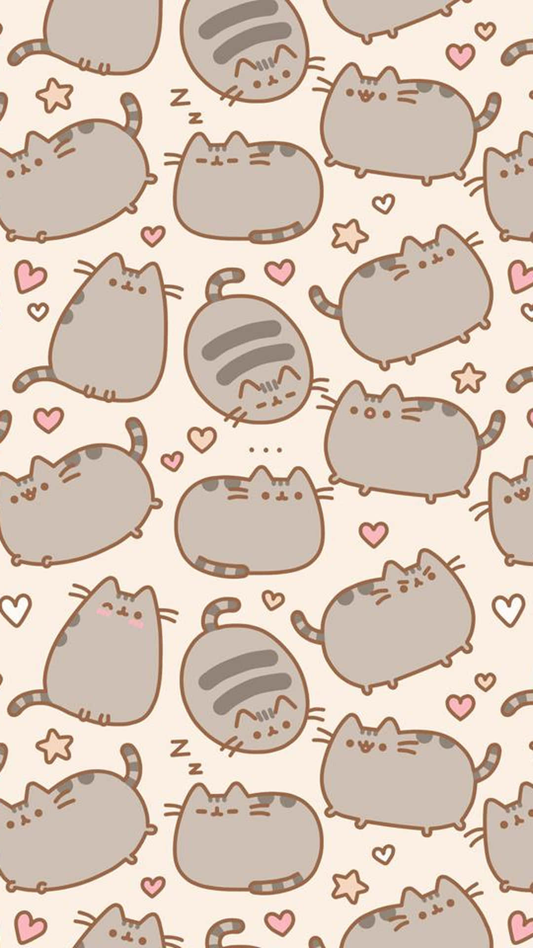 Pusheen 桌布 壁紙 — 可愛的胖貓咪，帶有條紋圖案和心形，散落在柔軟的米色背景上。