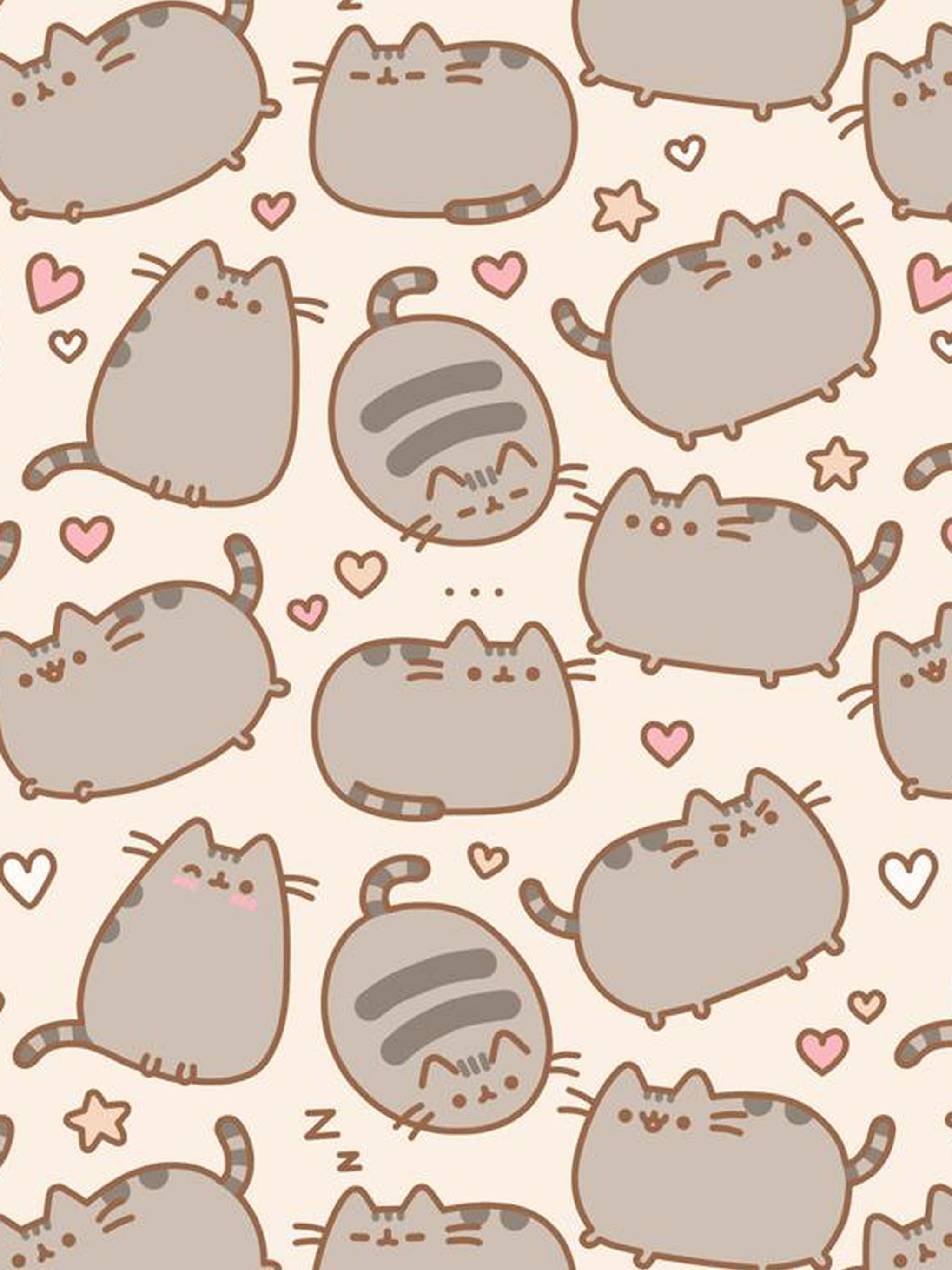 Kawaii Pusheen 桌布 壁紙 — 可愛的胖貓咪，粉紅心形和星星散落在柔軟的米色背景上，形成一個可愛的重複圖案。