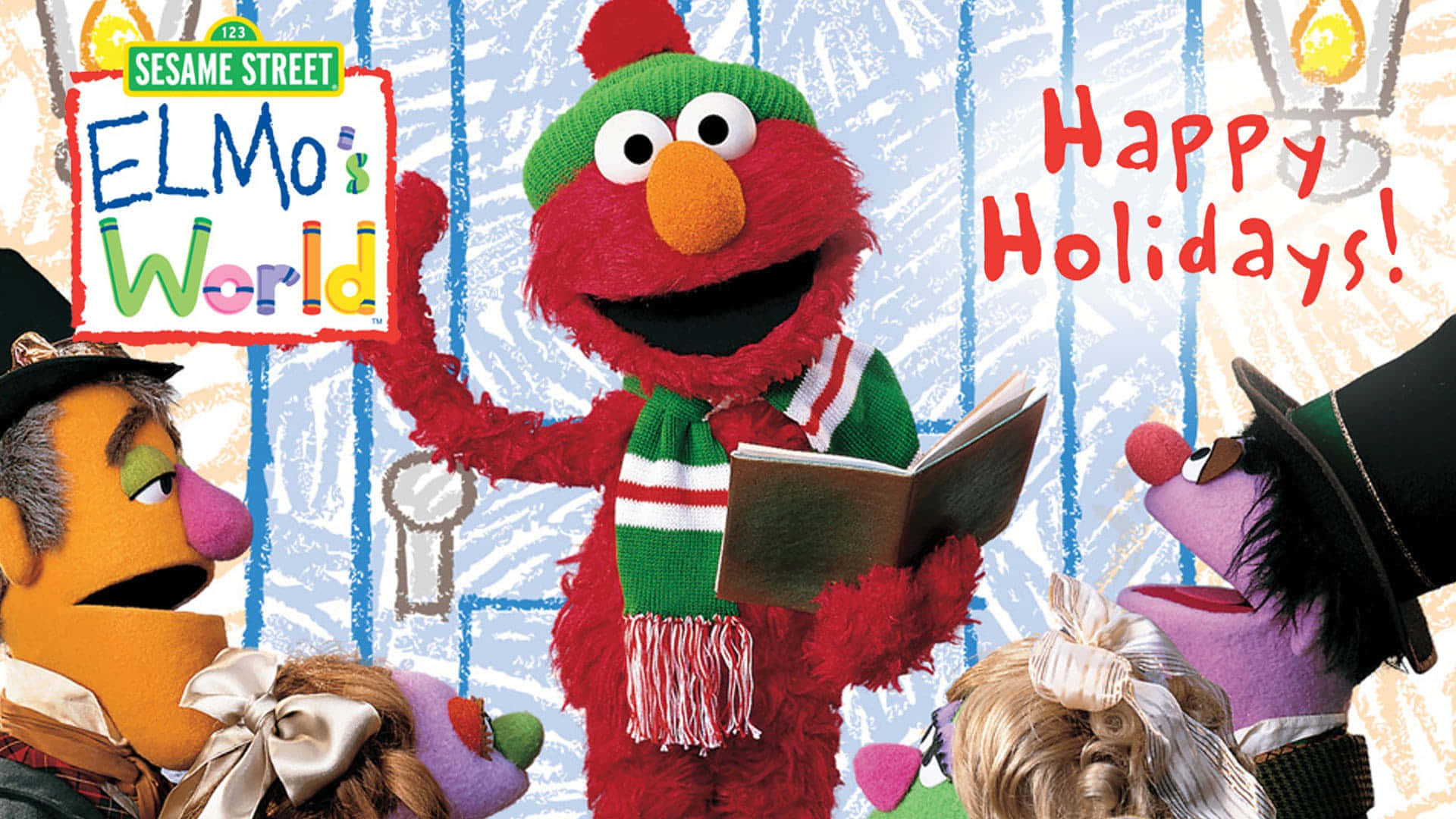 Elmo 和朋友們用節日帽子和一本書慶祝節日。