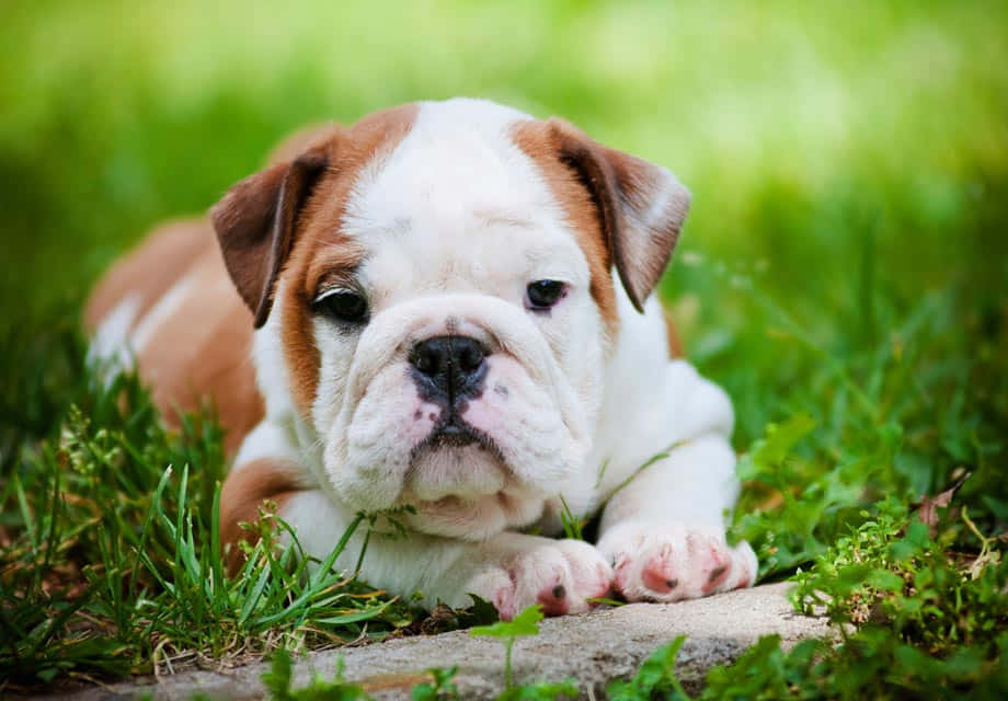 一隻棕白色鬥牛犬幼犬在戶外草地上休息。