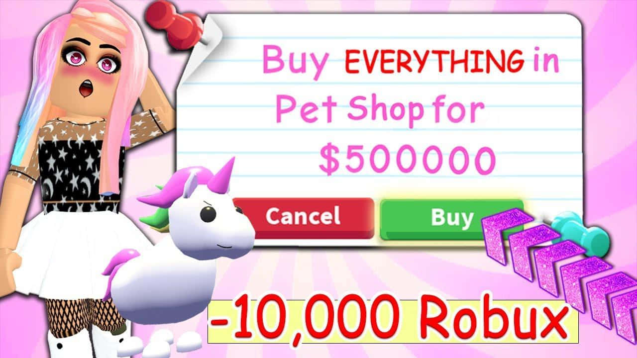 粉紅色頭髮和獨角獸寵物的Roblox角色面對一個500,000 Robux的購買畫面。