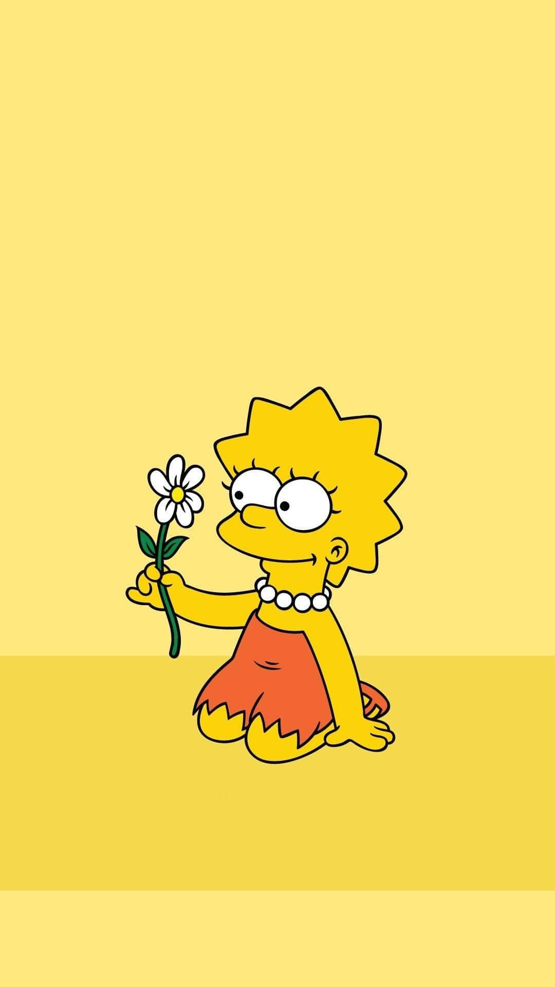麗莎·辛普森在黃色背景中手持雛菊，戴著珍珠項鍊。