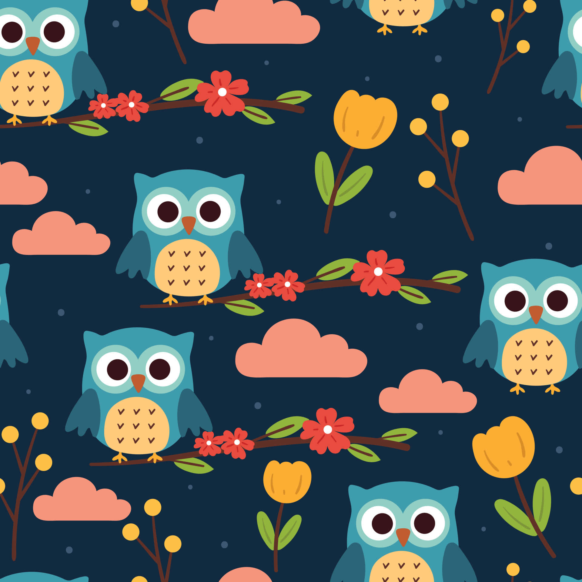 Kawaii Bird 桌布 壁紙 — 可愛的藍色貓頭鷹棲息在樹枝上，樹枝上有紅色和黃色的花朵，背景是帶有粉紅色雲朵的黑暗夜空。